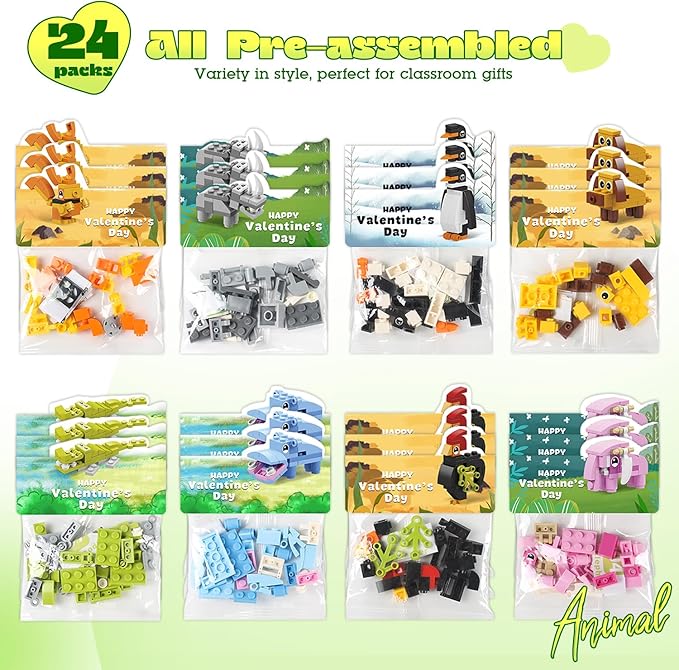 Valentines Day Gifts for Kids - 24 Pack Prefilled Animal Building Blocks with Valentine's Day Cards Sets for School Classroom Class Party Favor, Valentines Crafts Exchange for Boys Girls Teens
