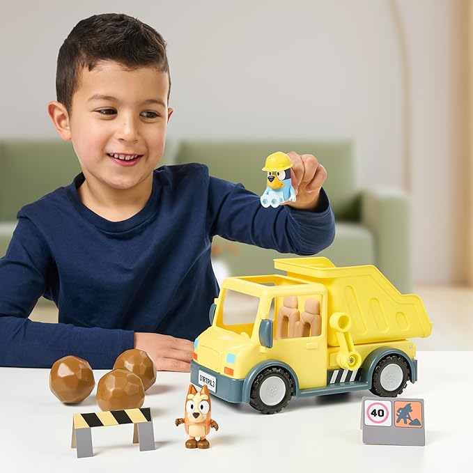 Bluey Dump Truck, with Load and Unload Feature, Get Some Work Done with Exclusive Hard-Hat and Muddy Bingo