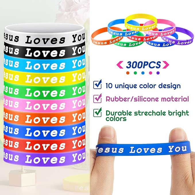 Skylety Jesus Loves You Silicone Wristbands Easter Rubber Wristbands Colorful Jesus Loves You Wristbands Christian Rubber Wristbands for Kids Novelty Party Favors(300 Pieces)