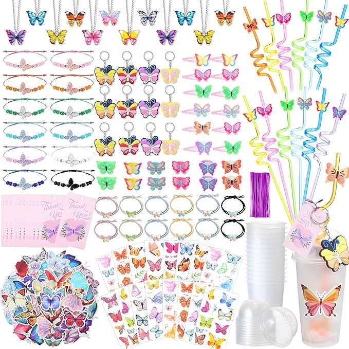 Ecally 171 Pcs Butterfly Party Favors for Girls Butterfly Keychain Hairpins Stickers Bracelet Ring Necklace Tattoo Straws Plastic Cups with Dome Lids Tag for Kids Butterfly Birthday Party Supplies
