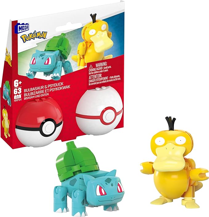 Mega Pokémon Building Toys Set Bulbasaur & Psyduck with 63 Pieces, 2 Poseable Characters and Poké Ball, 2 Inches Tall, for Kids