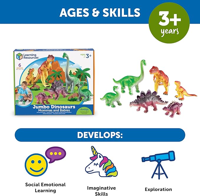 Learning Resources Jumbo Dinosaurs I Mommas and Babies I T-Rex, Stegosaurus, and Brachiosaurus, 6 Animals, multi-color