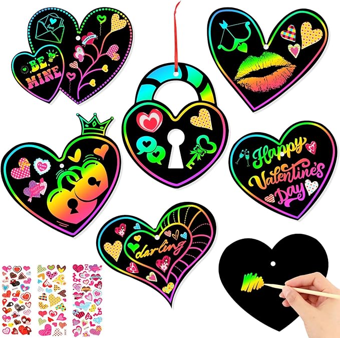FEBSNOW Valentines Crafts for Kids, 48 PCS Heart Rainbow Magic Scratch Art Valentines Day Cards for Kids Classroom Scratch Paper Art for Valentines Day Gifts Party Favors witn Heart Stickers