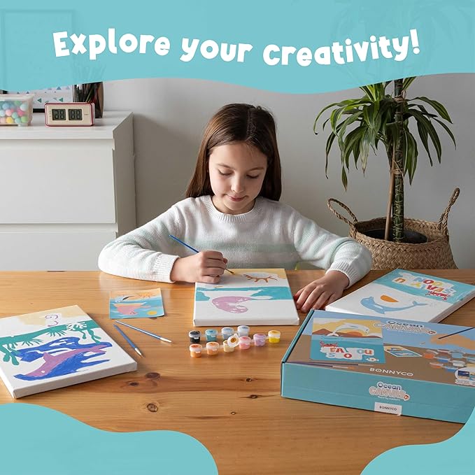 BONNYCO Paint by Numbers Kit for Kids Sea Animals Pack 3 Canvas Paint by Number Canvas, Ocean Gifts for Kids, Arts and Crafts, Kids Paint by Number, Kits Pre Drawn Canvas for Painting for Kids