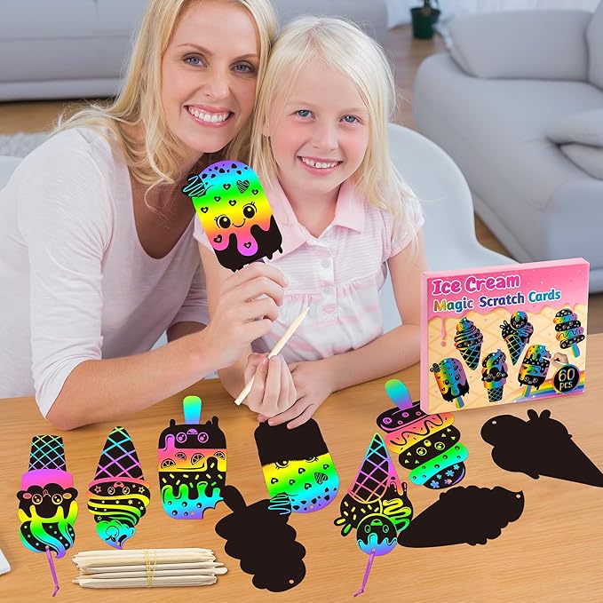 CY2SIDE Ice Cream Scratch Cards - 60PCS Summer Sweet Candy Ornament Scratch Crafts Card Gift Set for Kids Cones Magic Art Rainbow Color Craft Scratch Kit for Kids Birthday Party Favors School Activity
