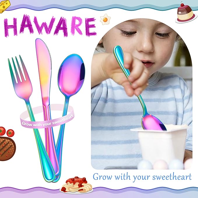 HaWare 12-Piece Kids Silverware, Stainless Steel Toddler Utensils Flatware Set, Preschooler Eating Utensils Includes 4 Spoons 4 Forks 4 Knives, Metal Children Cutlery for Home School, Mirror Finished