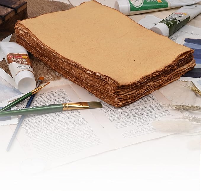 LEATHER VILLAGE Watercolor Paper - 6 X 4 inches, 50 Sheets - Mixed Media Watercolor Paper - 150 GSM Thick Deckle Edge Virgin Cotton Handmade Paper - Vintage Toned