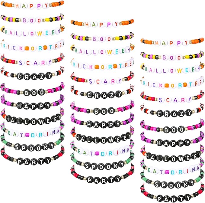 Cunno 36 Pcs Kids Friendship Bracelets for Girls Letter Heart Beads Bracelets Stretchy Cute Bracelet Pretend Play Beaded Bracelets Inspirational Bracelets for Kids (Spooky Style)