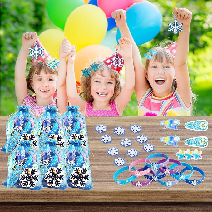 132Pcs Snowflake Party Favors Set Birthday Party Supplies Include 12 Bracelets, 10 Keychain, 10 snowflake squishies,10 wristbands,10 Hair accessories,10 straws,10 Bubble,50 Stickers and 10 Gift bags