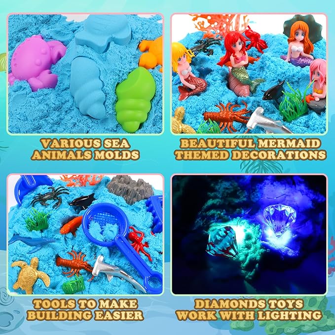 Mermaid Sensory Bin for Girl, Magic Sand Art Kit with LED Light, 2.2lbs Sensory Sand, Ocean Sea Animals, Sand Box with lid, Mermaid Toy Christmas Birthday Gift for Girls Ages 3 4 5 6 7 8…