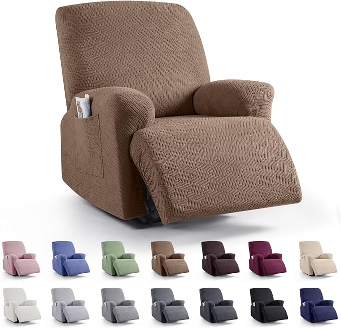 KinCam Recliner Covers, Stretch Reclining Chair Covers, Recliner Sofa Slipcovers Stripe Jacquard Recliner Couch Covers Furniture Protector Covers for Pet Kid (1 Seater, Light Coffee)