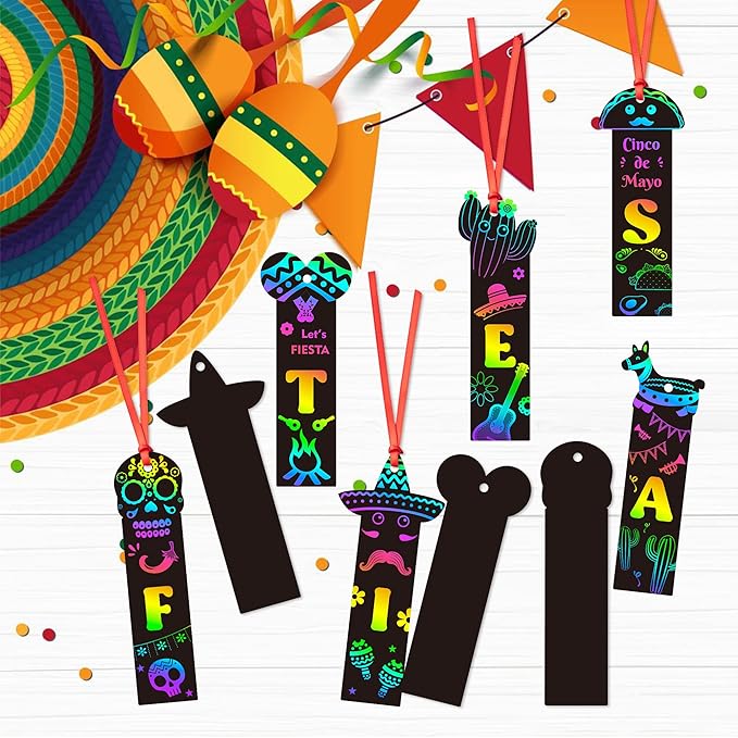 WATINC 60pcs Fiesta Scratch Bookmarks for Kids, Mexican Scratch Off Cards Art Craft Kit, Cinco De Mayo Magic Color DIY Drawing Paper, Mexico Classroom School Home Party Favors Hanging Decor