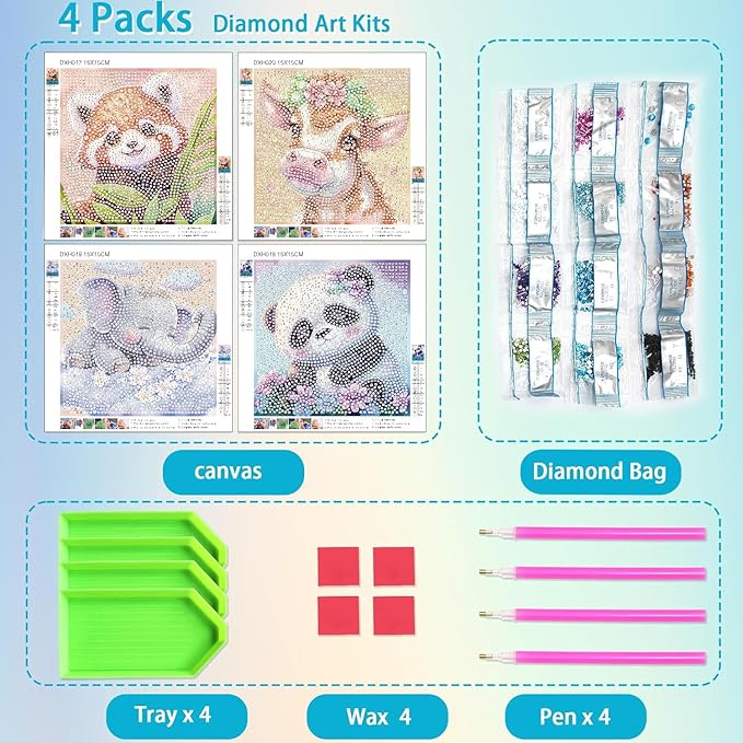 KYOQFVN 4 Pack Cartoon Diamond Art Kits - Arts and Crafts, 5D Full Drill Gem Art Mini Diamond Art Painting Wall Decor 6x6 Inch