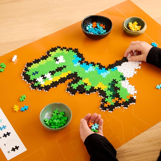 Plus Plus Puzzle by Number, 250 Piece Mini Interlocking Hashtag Color Blocks, 3D Pixel Art Kit for Kids - T-Rex