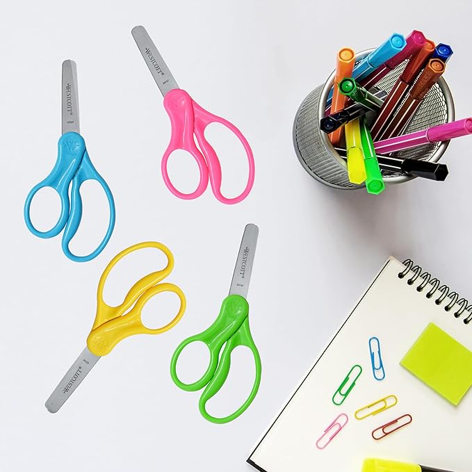 Westcott 13594 Left-Handed Scissors, Hard Handle Kids' Scissors, Ages 4-8, 5-Inch Blunt Tip, Color Varies
