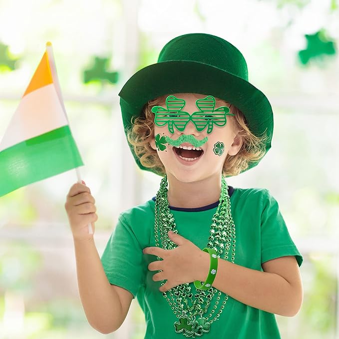 JOYIN 144 PCS St. Patrick's Day Dressing-up Accessories Set Party Favor with 12 Green Shamrock Eyeglasses 12 Beaded Necklace 72 Temporary Tattoos 24 Mustache 24 bracelets