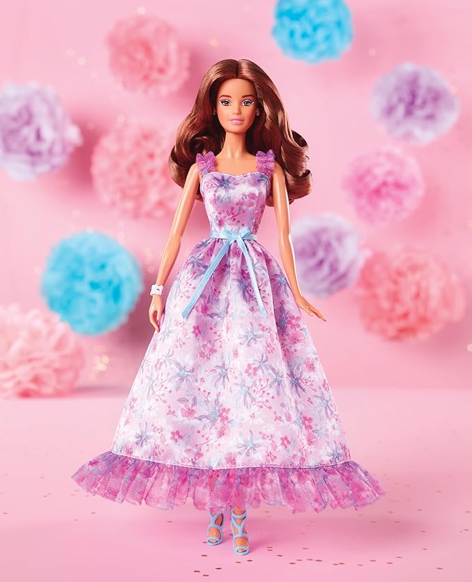 Barbie Signature Birthday Wishes Doll, Collectible in Satiny Lilac Dress with Wavy Brown Hair