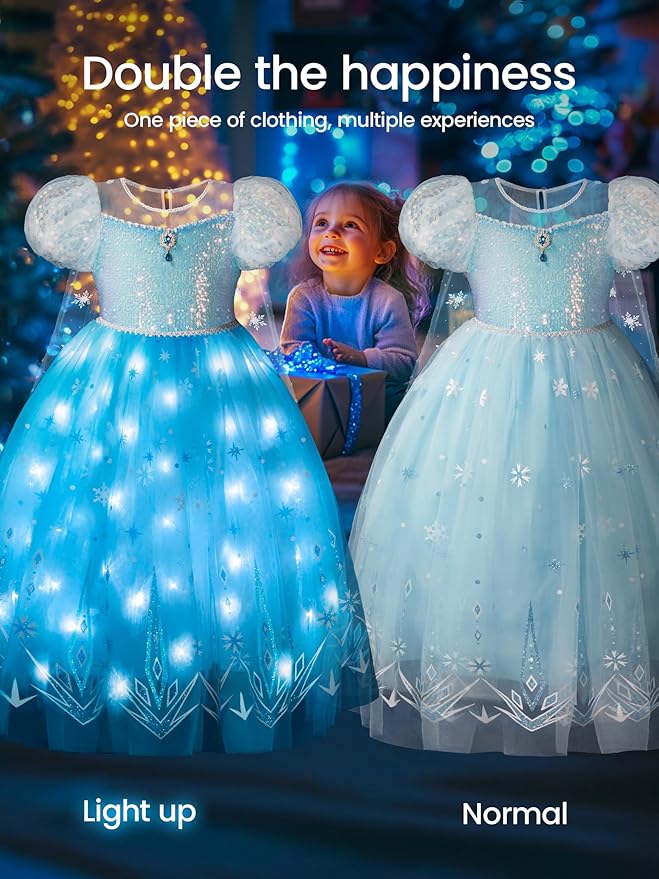 Princess Dresses for Girls Toddler Princess Costume Dress Up Clothes for Girls Halloween Costume with Cape for Christmas, Birthday, Party, LED Light No Assembly Needed, 130
