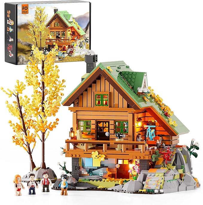 FUNWHOLE Mountain-Cabin House Lighting Building-Bricks Set - Friends Mountain House and Treehouse Collection LED Light Building Set 2255 Pcs for Adults and Teen