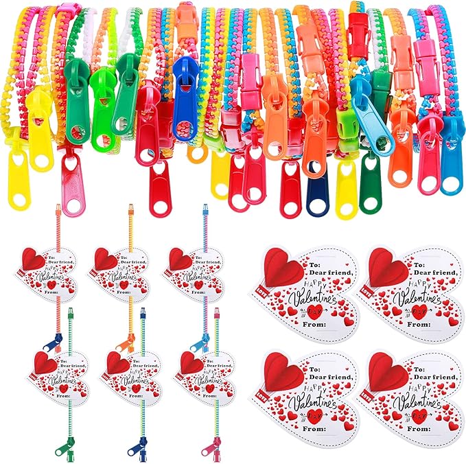 Sratte 50 Pcs Valentine's Day Neon Friendship Bracelets Bulk with 50 Pcs Heart Card for Valentine's Gifts Birthday Goodie Bag Stuffers(Resin,Zipper Bracelet)