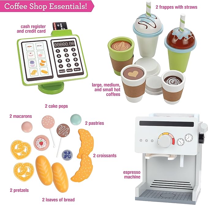 Pretend Coffee Shop Wooden Playset- Drive Thru Window Fun- Includes Frappuccino w Straws Espresso Maker Bread Pastries Rotating Cash Register, Coffee Cups, Apron- 25+ Cute Play Pieces! Kids Gift