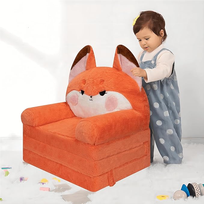 MONKISS 2-in-1 Toddler Couch Chairs Comfy, Kids Chair Couch, Mini Couch, Flip Out Sherpa Kids Sofa, Baby Couch, Chair for Toddlers 1-3, Kids Lounge Chair Reading Chair, Kids Couch Bed Fold Out, Fox