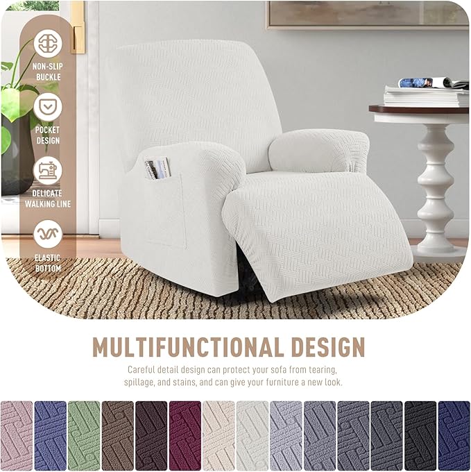 KinCam Recliner Covers, Stretch Reclining Chair Covers, Recliner Sofa Slipcovers Stripe Jacquard Recliner Couch Covers Furniture Protector Covers for Pet Kid (1 XL Seater, Cream)