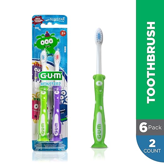 GUM Monsterz Children and Toddler Toothbrush, Soft Bristled Kids’ Toothbrush with Suction Cup, for Ages 2+, 2ct (6pk)