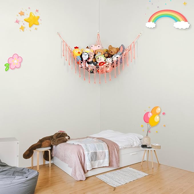 Boho Stuffed Animals Net or Hammock Large,55 inch Toy Hammock Macrame Stuff Animal Storage Corner Hanging Net Holder,Mesh Hammock Plush Toy Organizer with Hooks for Bedroom,Nursery (Deep Pink)