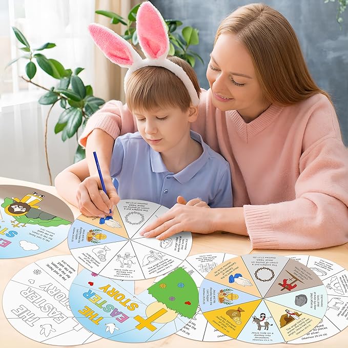 COcnny 24 Sets The Easter Story Craft, Color Your Own Easter Jesus Wheel for Kids, Religious Bible Coloring Cards DIY Crafts Art Game for Sunday School Christian Classroom Home Activities VBS Supplies