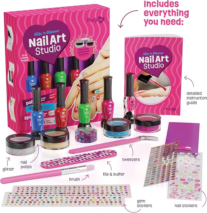Nail Art Studio for Girls - Nail Polish Kit for Kids Ages 7-12 Years Old - Girl Gifts Ideas - Gilrs Nails Gift Set - Cool Girly Stuff - Polish, Pens, Glitter, Stickers, Gems, Filer - 8 9 10 11 12 Year