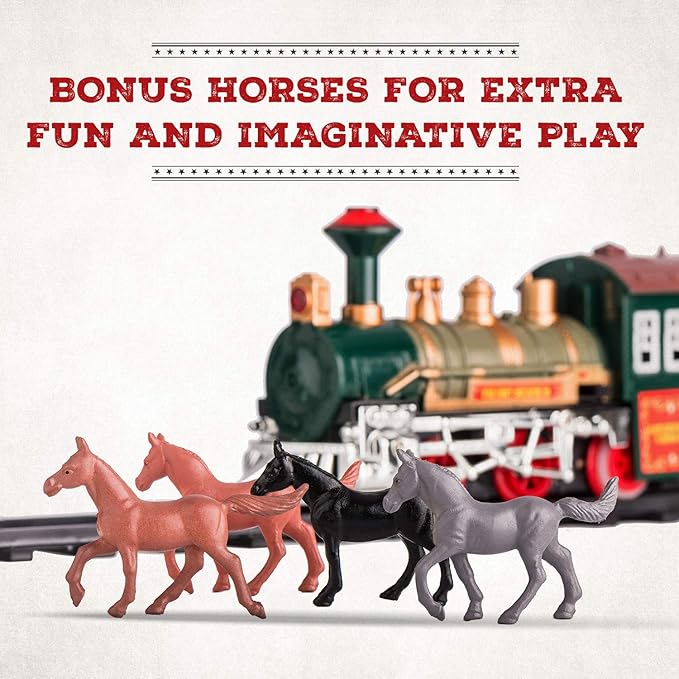 Electric Train Set for Kids Ages 4-8 - Battery-Powered Train Set with Lights & Sounds, Steam Locomotive Engine, Horses & Tracks - Classic Railway Toy Gift for Boys & Girls, Toddler Train Playset