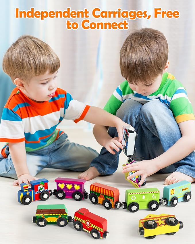 Vanmor Wooden Magnetic Train Set for Toddlers,10-Piece Educational Toy Cars with Magnets, Includes Storage Bag, Skill-Building Wooden Trains for Boys & Girls, for Kids 3-5 and 4-8 Years