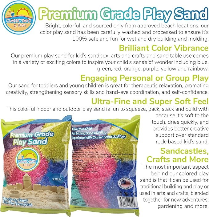 Classic Sand and Play Rainbow Colored Play Sand, 20 lb. Bag, Natural and Non-Toxic, Fun Wet and Dry Indoor and Outdoor, Sandbox, Therapy, and Table Use, Building, Stimulate Sensory Needs