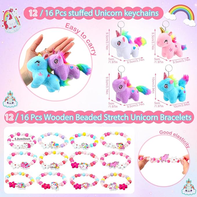 Remuuly Valentines Unicorn Party Favor for Girls Mini Unicorns Stuffed Animals Bulk Plush Keychains Gift Box Bracelet Sticker for Goodie Bag Birthday Students(88 Pcs)