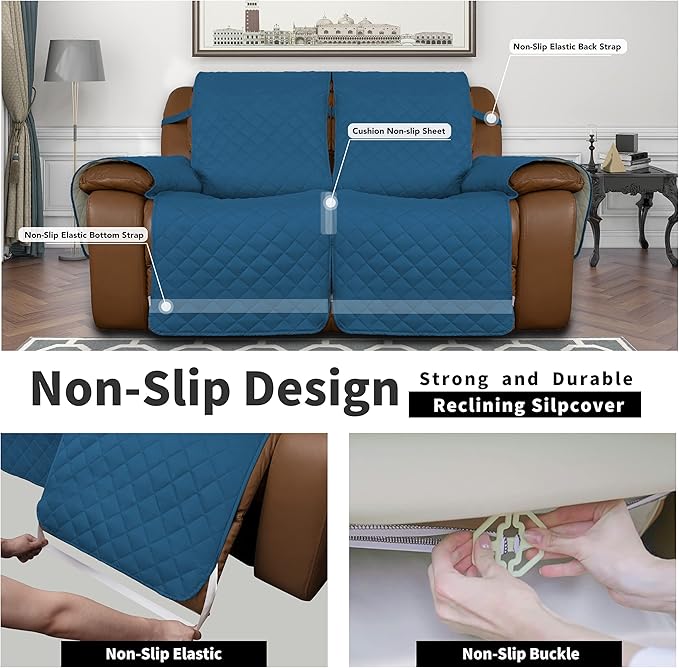 Easy-Going Oversized Loveseat Recliner Cover, Reversible Couch Cover for Double Recliner, Split Sofa Cover for Each Seat with Elastic Straps for Kids, Dogs(Oversized 2 Seater, Peacock Blue/Beige)
