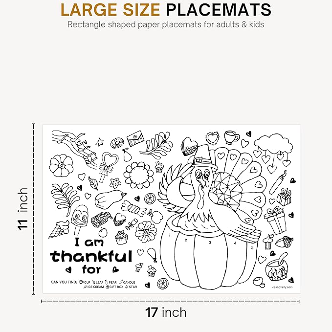 4E's Novelty Thanksgiving Placemat Activity Kids Coloring Placemats for Kids & Adults, 11x17 Paper Disposable Placemats Crafts Bulk, 12 Pack, Thankful Activities for Family Dinner Table