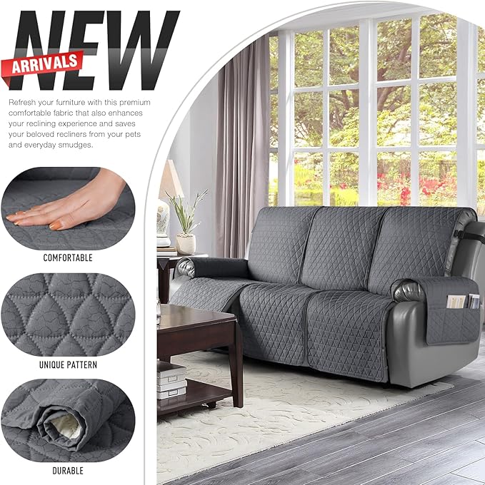 TAOCOCO 100% Waterproof Recliner Sofa Cover-Non Slip Split Couch Covers for Reclining Couches with Elastic Straps,Couch Covers for 3 Cushion Couch Sofa Pet Friendly(Dark Gray, 3 Seater)