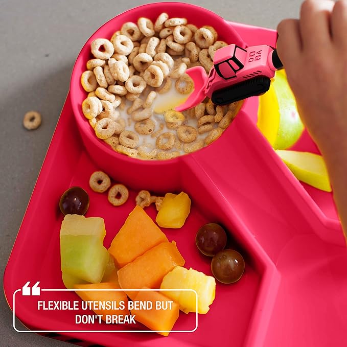 Dinneractive Utensil Set for Kids – Construction Themed Toddler Forks and Spoons, Toddler Utensils – 2PC Set – Fuchsia Construction Utensils For Toddlers - Loader & Tractor Toddler Spoons and Forks