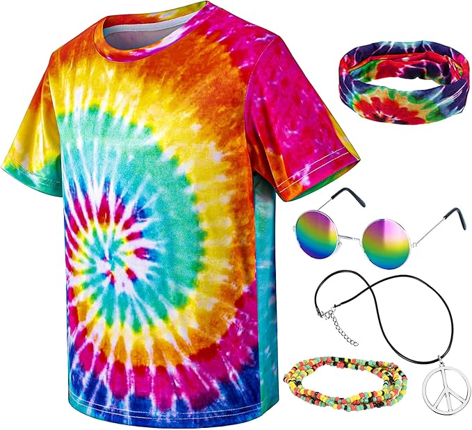 Kids Hippie Costume for Boys Girls 60s 70s T-Shirt 5Pcs Set for Halloween Party 3-12 Years