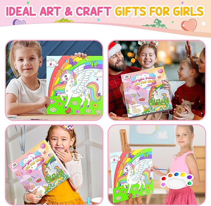 ZMLM Kids Pre Drawn Canvas for Painting, Acrylic Painting Kit for Kids ages 4-8, 10 x 10 Inch Unicorn Pre Drawn Canvas Panel with Diamond Sticker, Arts & Crafts for Kids Birthday Christmas Shcool Gift