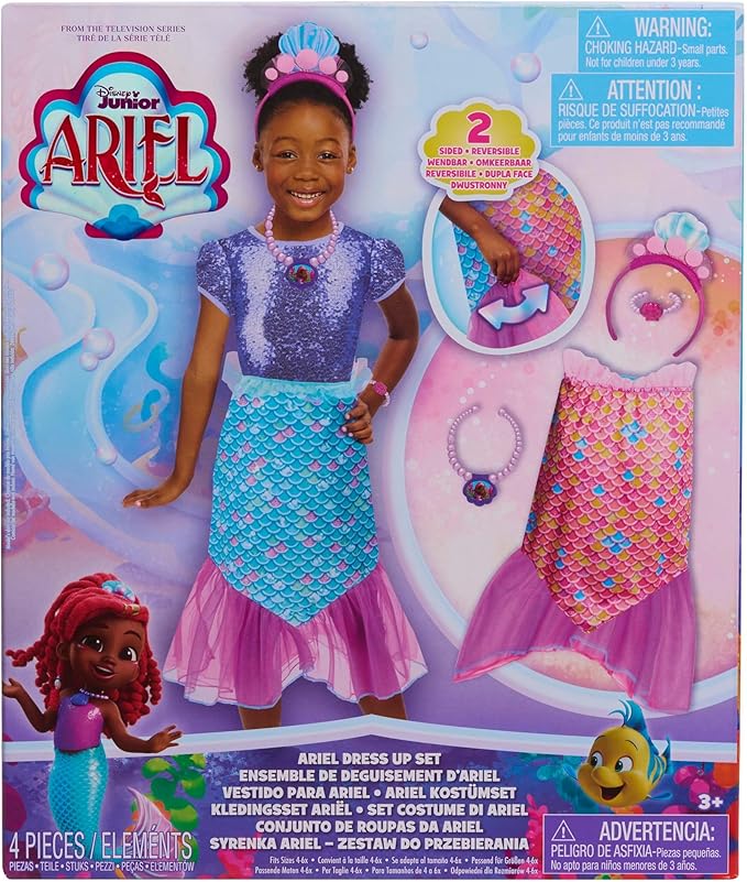 Disney Junior Ariel 2-in-1 Dress Up Set for Pretend Play, Sizes 4-6X, 4-Pieces, Mermaid, Kids Toys for Ages 3 Up by Just Play