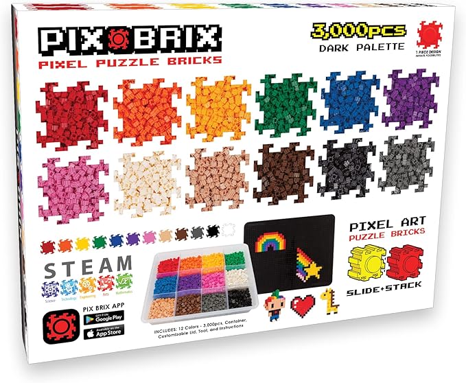 Pix Brix Pixel Art Puzzle Bricks – 3,000 Piece Pixel Art Container, 12 Color Dark Palette – Interlocking Building Bricks, Create 2D and 3D Builds Without Water or Glue – Stem Toys, Ages 6 Plus