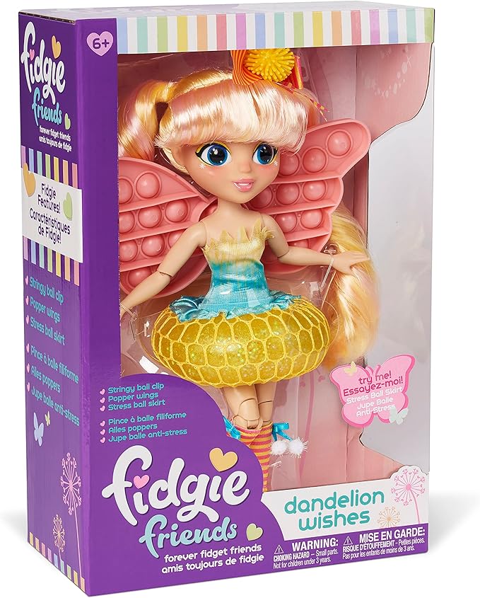 Fidgie Friends Dandelion Wishes, Butterfly Fashion Doll with Push Pop Fidget Toy, Anxiety and Stress Relief for Kids