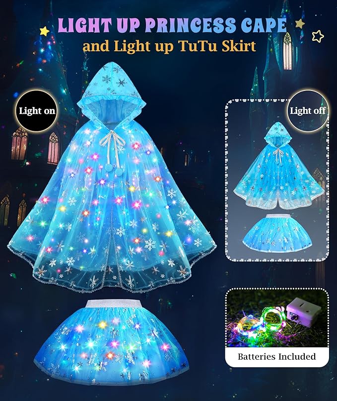 Princess Dress Up for Girls, Light up Princess Cape Princess Dress Costume Crown Wand Gifts for Toddler Girls 3 4 5 6