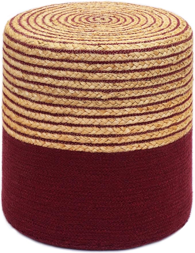 COTTON CRAFT Braided Pouf – Cylindrical Jute Cotton Ottoman Boho Foot Stool - Bedroom Dorm Family Room Accent Seating – Rustic Decorative Round Pouf – 15 Dia x 16 Height - Natural Burgundy