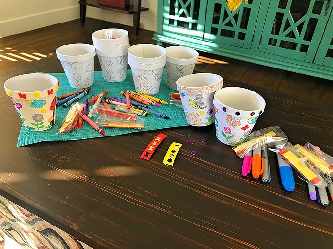 Deluxe Classroom Bulk 12 Pack of Decorate Your Own DIY Cardstock Craft Flower Pots with Hundreds of Foam Flowers and Bugs, and Acrylic Gems and Jewels