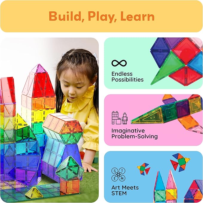 PicassoTiles Magnetic Tiles 60pcs Kids Toys Classroom Sensory Toy for Toddlers STEM Learning Building Blocks, Montessori Pretend Play Magnet Tile Construction Stacking Block Boys Girls Ages 3+ PT60