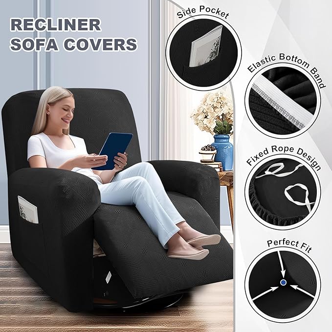 JIVINER Loveseat Recliner Covers, Jacquard 4 Piece Recliner Sofa Cover with Pockets Washable Lazy Boy Reclining Couch Protector with Elastic Bottom (Recliner Loveseat, Black)