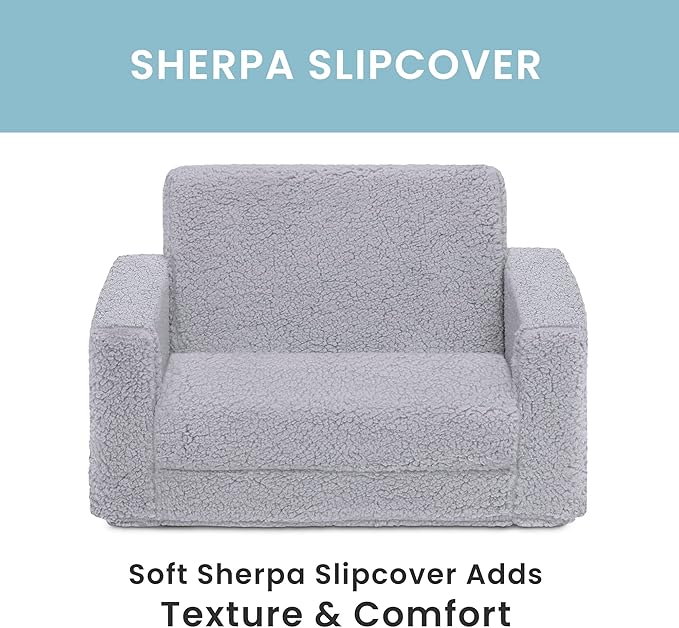 Delta Children Cozee Flip-Out Sherpa 2-in-1 Convertible Chair to Lounger for Kids, Grey